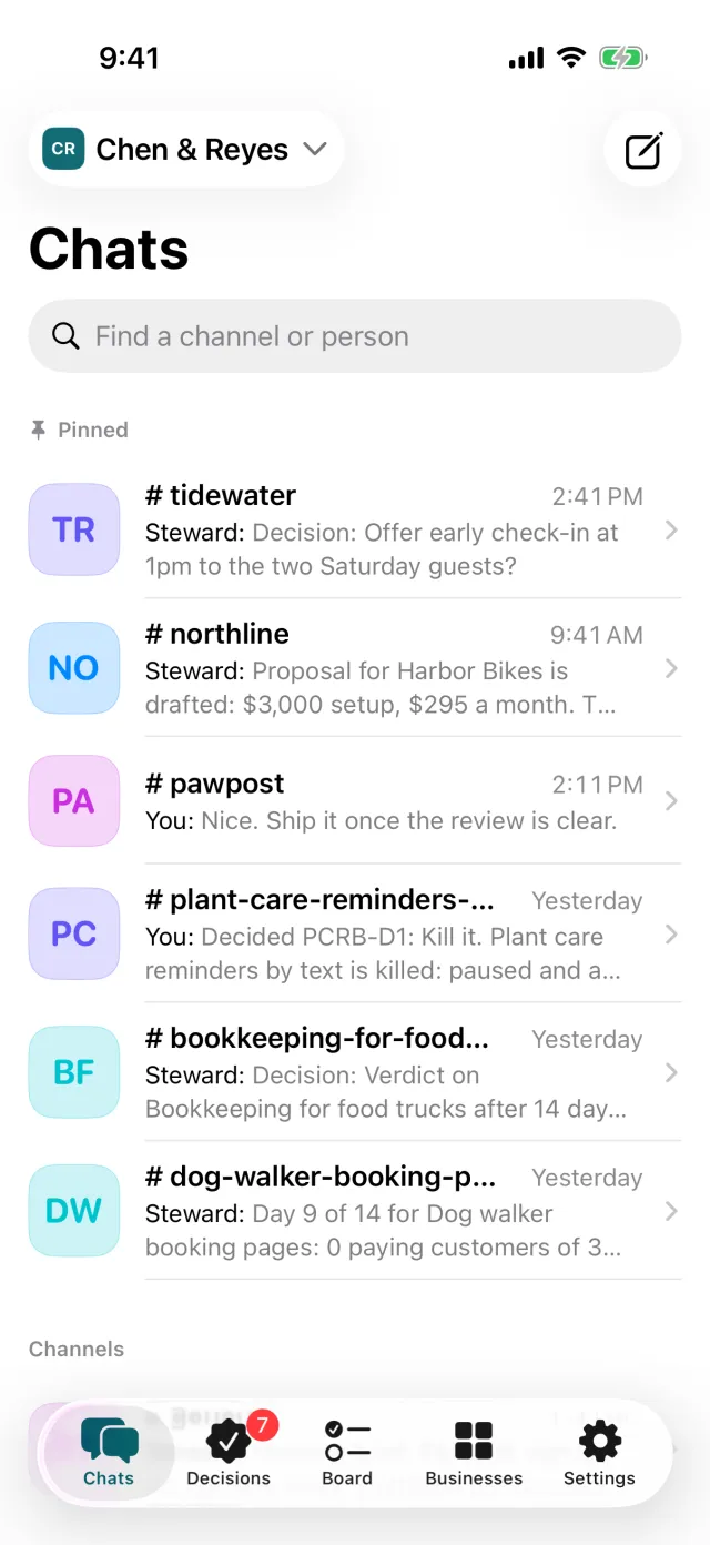 The Chats tab: one chat per business, with the newest message from each.