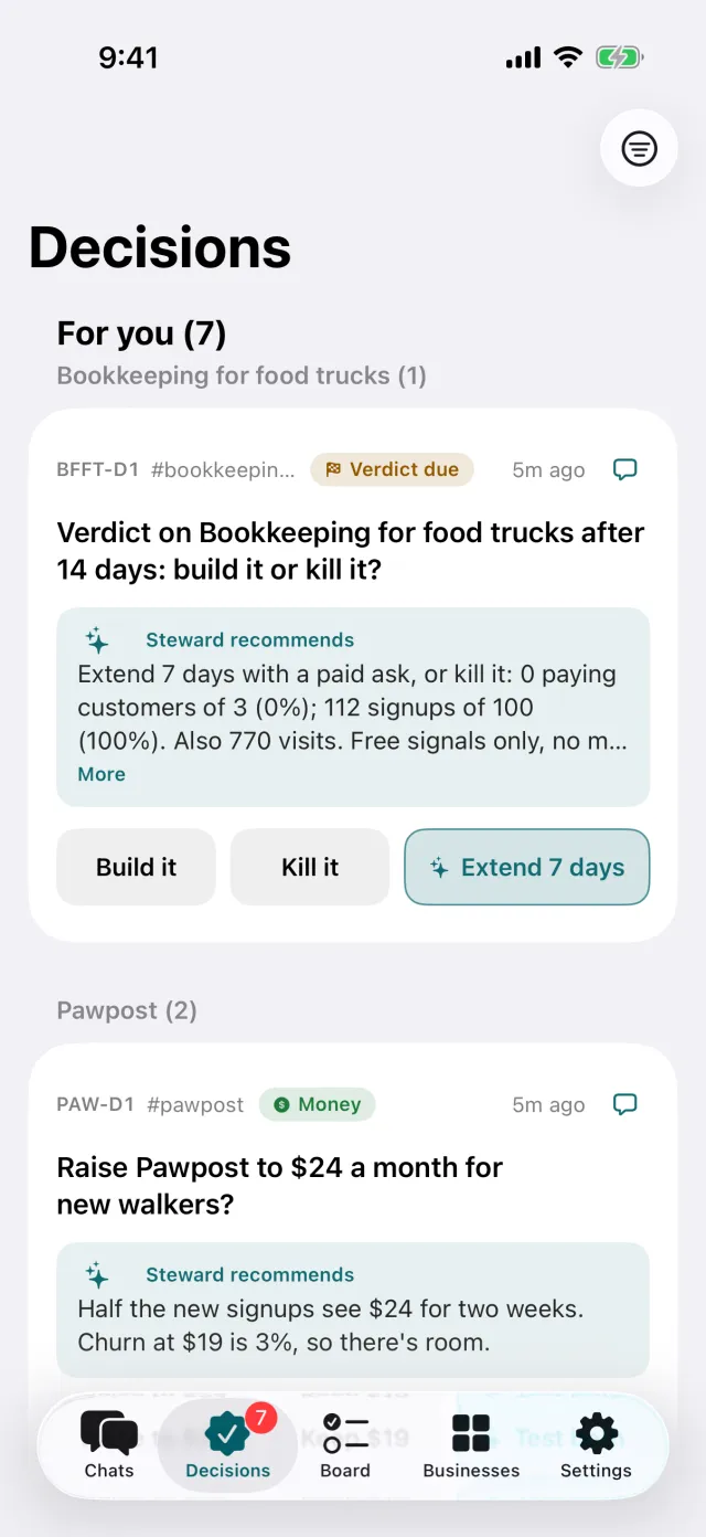 The Decisions tab in the Steward iPhone app: cards waiting for you, grouped by business. Each shows the question, what Steward recommends and why, and buttons such as Build it, Kill it and Extend 7 days.